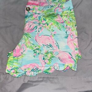Lilly Pulitzer Flamingo floral blue green scalloped shorts